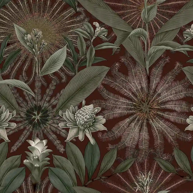 Enchanted Garden wallpaper pattern swatch by York Wallcoverings, featuring rich oxblood and green floral designs.