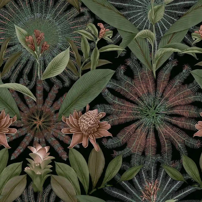 Enchanted Garden wallpaper pattern swatch in dark green and blush by York Wallcoverings.