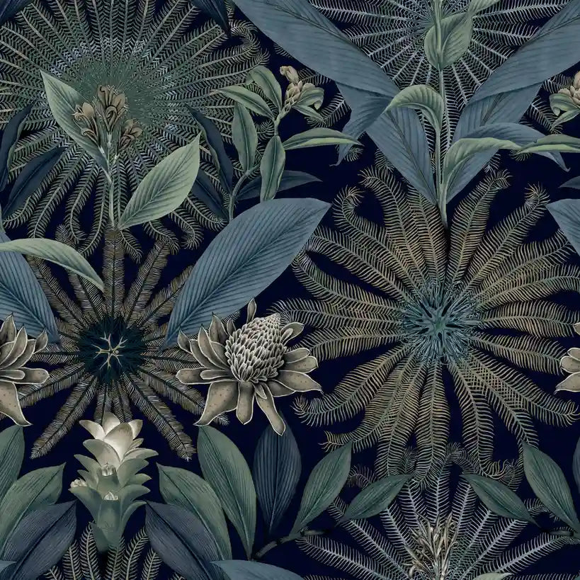 Enchanted Garden wallpaper pattern swatch by York Wallcoverings (SKU VR1532) showcases an intricate pattern in rich Navy Blue and Teal.