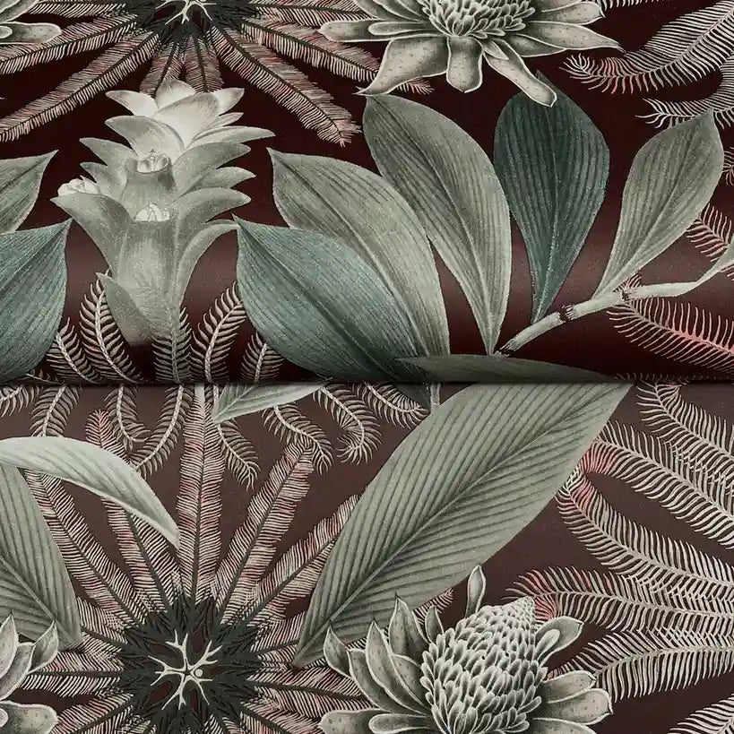 Close-up of "Enchanted Garden" wallpaper texture in rich Oxblood and Green by York Wallcoverings.