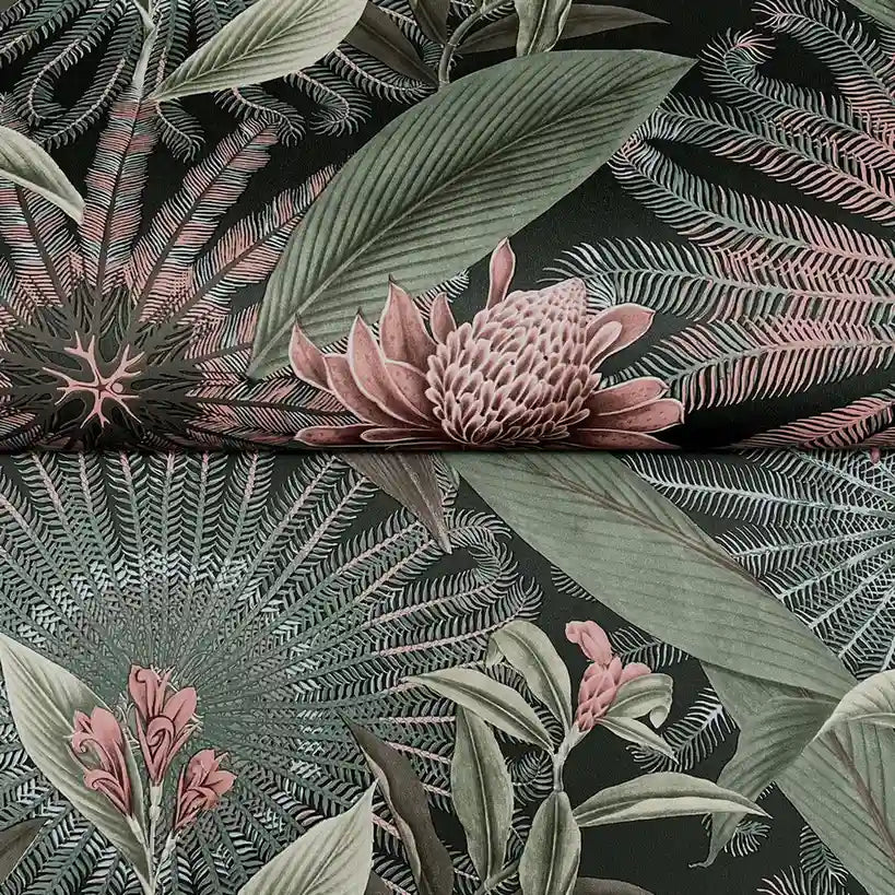 Intricate texture detail of York Wallcoverings Enchanted Garden wallpaper, revealing dark green and blush botanical patterns.