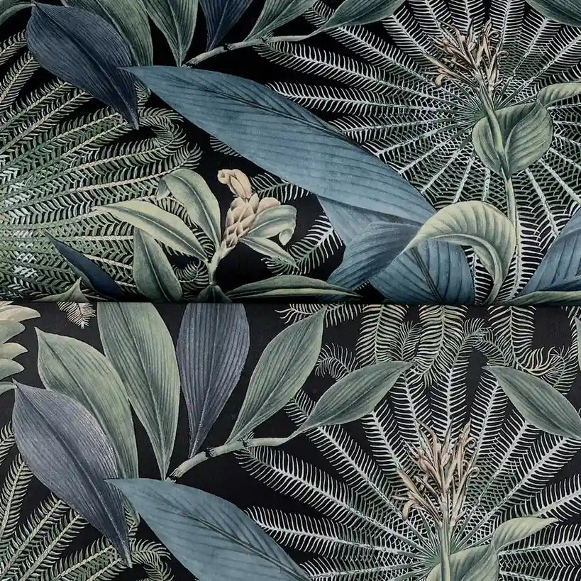 Close-up texture of Enchanted Garden wallpaper in Navy Blue & Teal by York Wallcoverings, showing the detailed floral pattern.