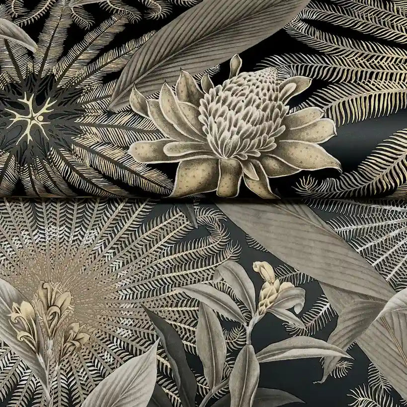 Close-up texture of York Wallcoverings' Enchanted Garden wallpaper in elegant black and gold, highlighting intricate botanical detail.