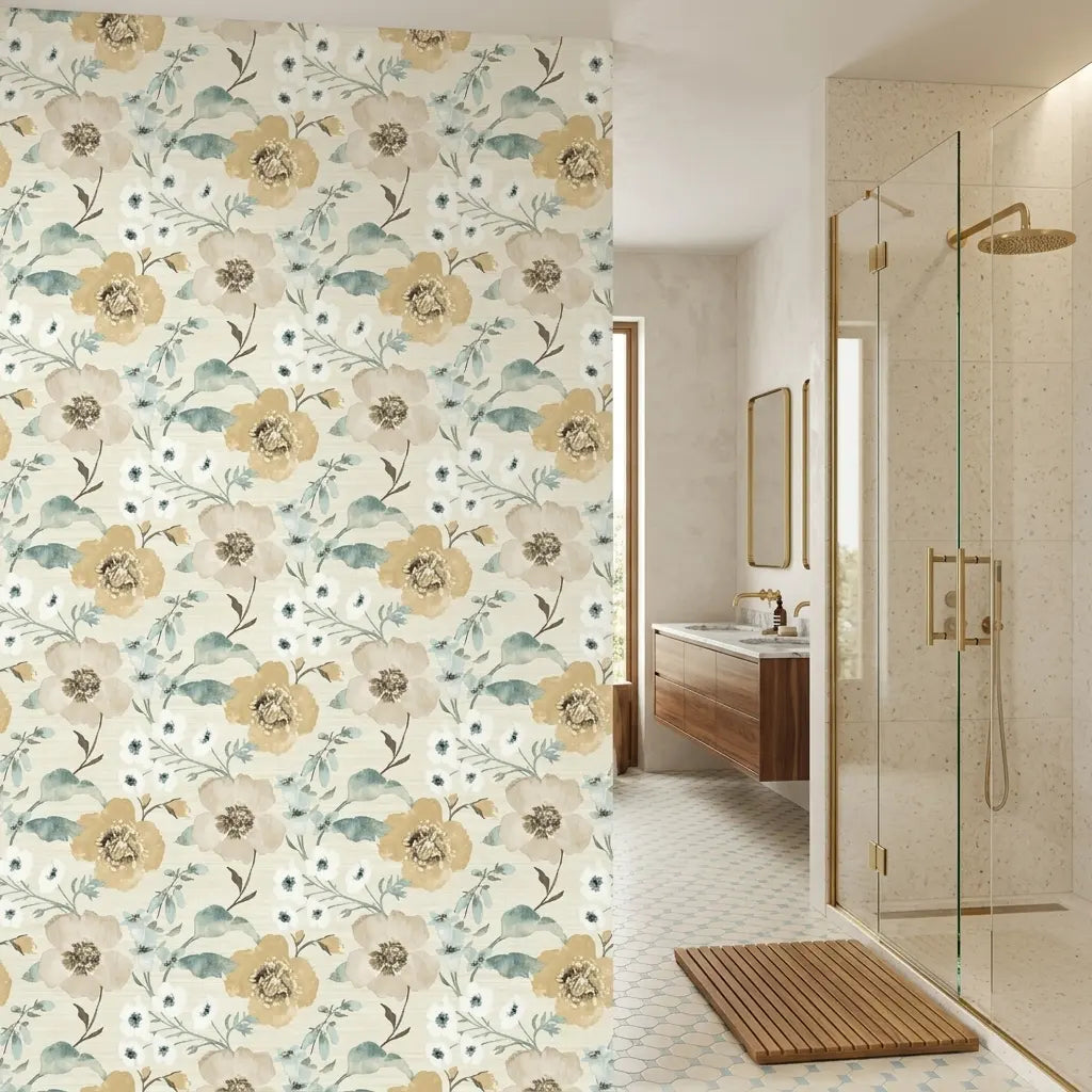 Bathroom - Features elegant 'Evelyn' wallpaper in Gold, Taupe, Cream by York Wallcoverings, creating a luxurious and serene space.