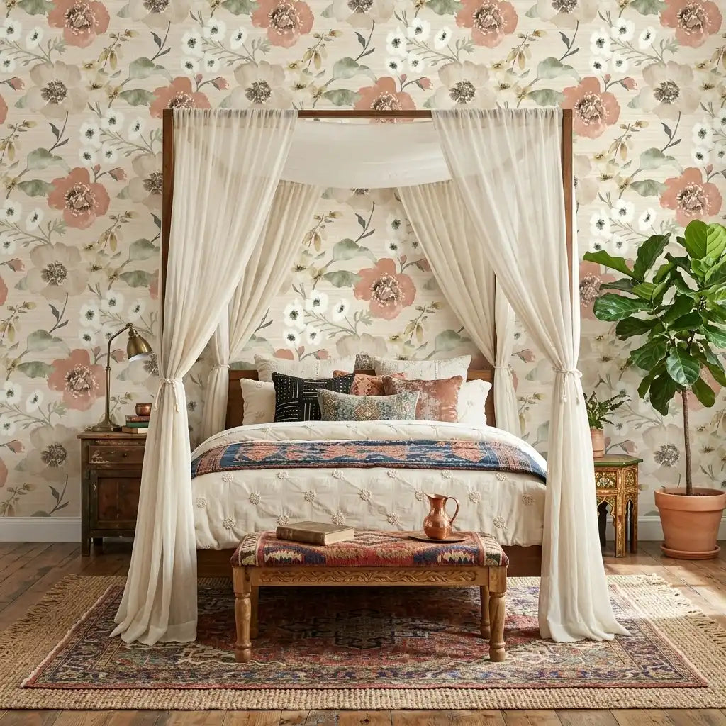 Bedroom - Evelyn wallpaper by York Wallcoverings in Rust, Taupe, Cream creates a warm, inviting space.