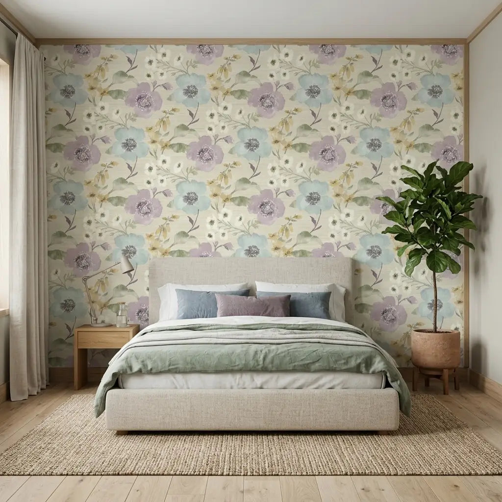Bedroom - 'Evelyn' Lavender, Blue, Cream wallpaper by York Wallcoverings creates a serene and stylish space.