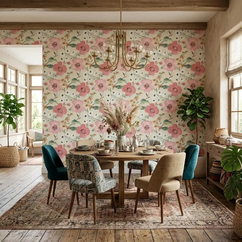 Dining Room - Elegant dining room with 'Evelyn' wallpaper by York Wallcoverings, featuring a beautiful Pink, Cream, and Green floral pattern.