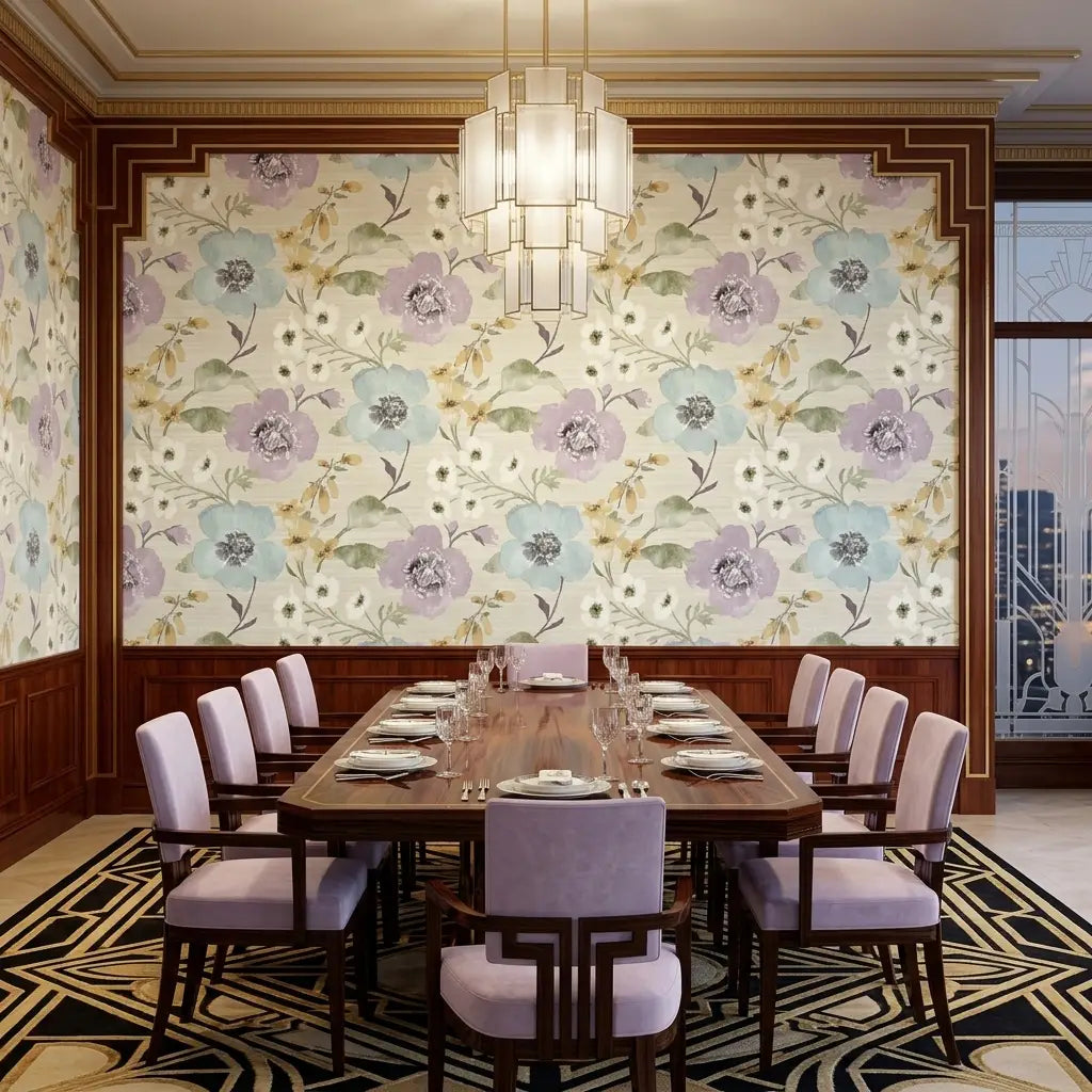 Dining Room - Elegant dining room with Evelyn wallpaper in lavender, blue, and cream by York Wallcoverings creating a serene space.