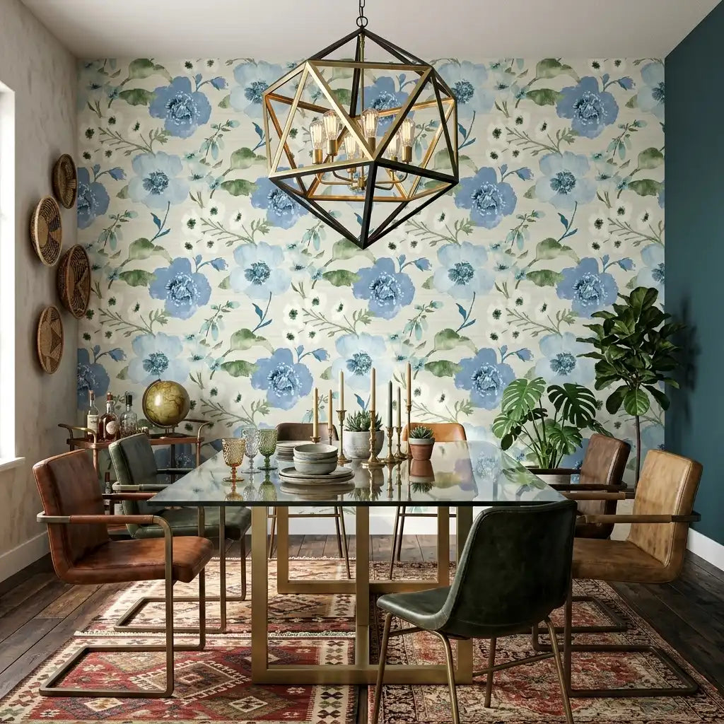 Dining Room - Elegant dining room showcasing York Wallcoverings' Evelyn wallpaper in beautiful blue, cream, and green tones.