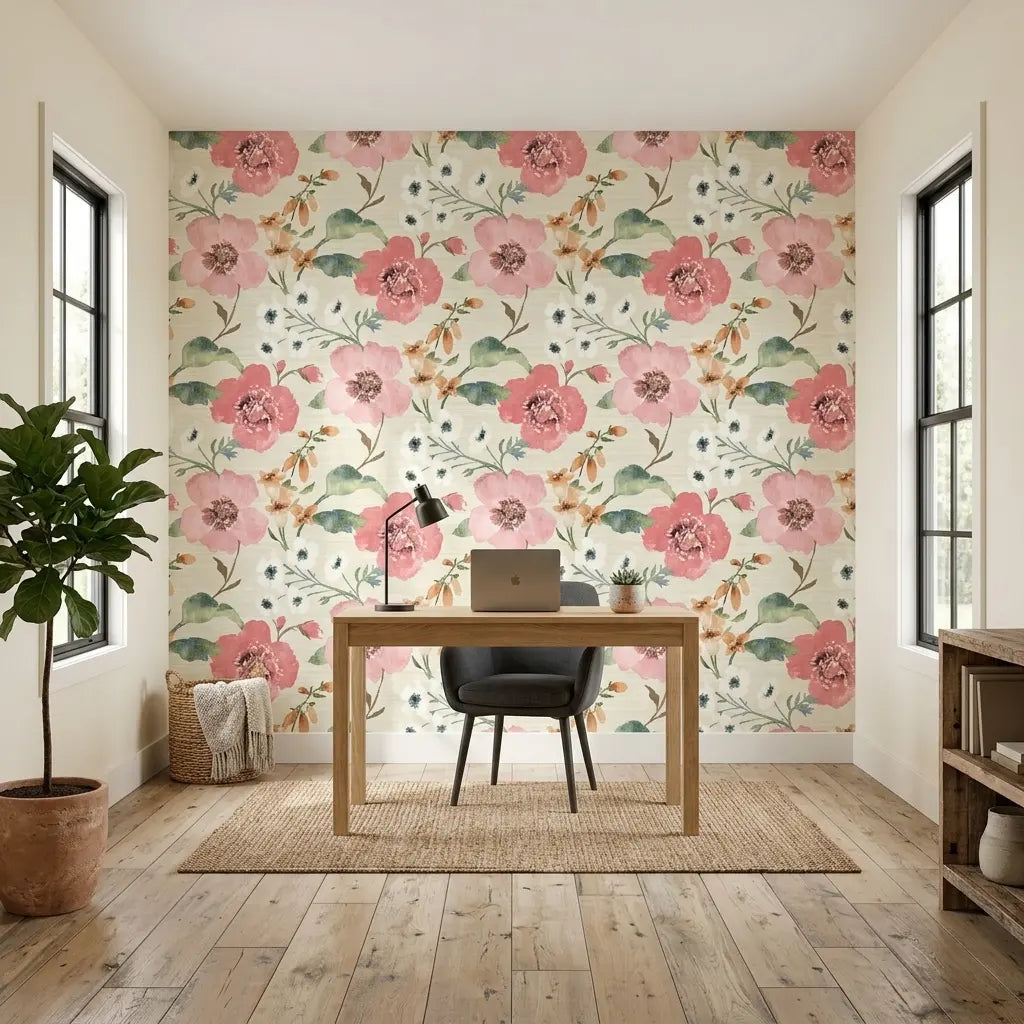 Home Office - Serene space featuring 'Evelyn' wallpaper in pink, cream, and green by York Wallcoverings, perfect for productivity.