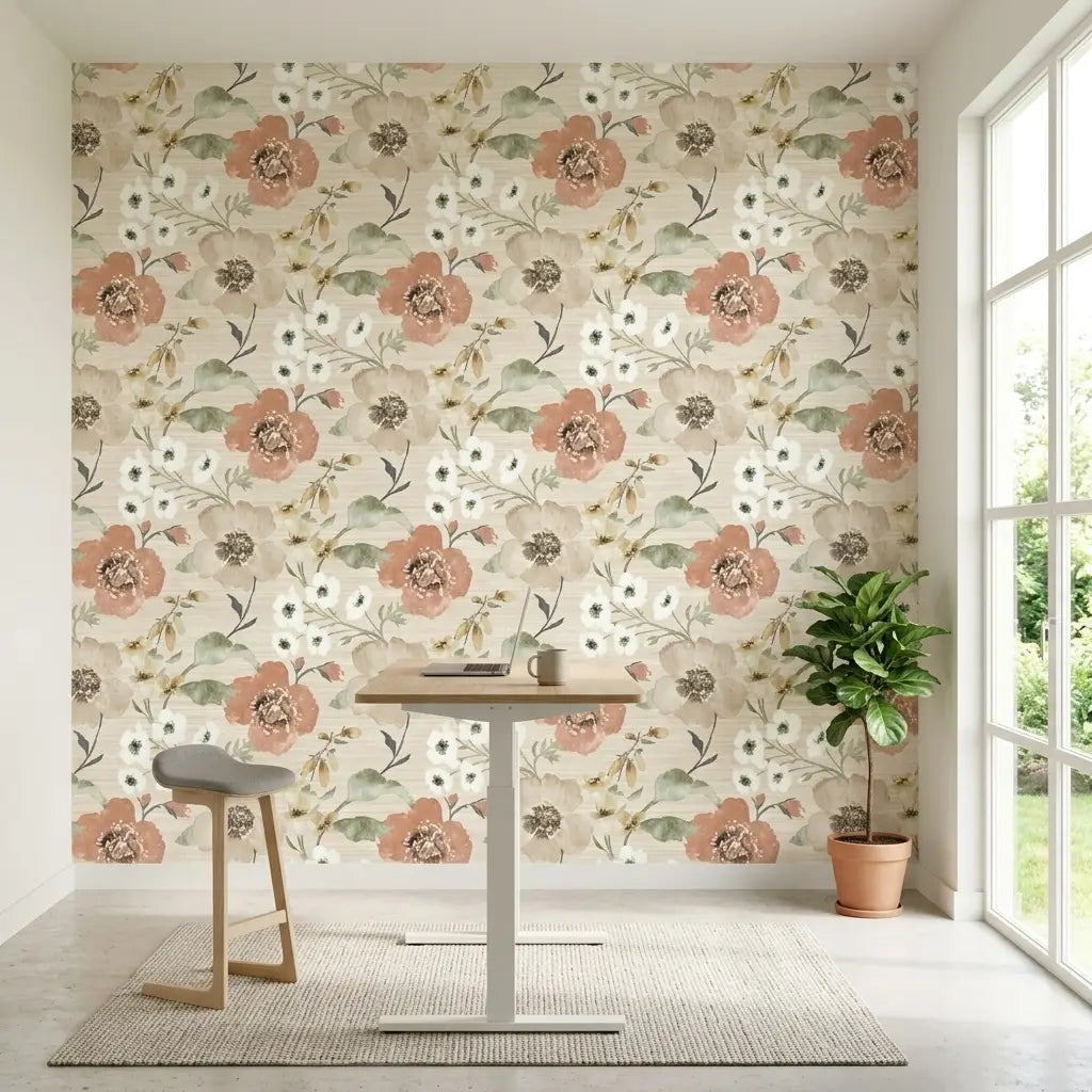 Home Office - Evelyn wallpaper in Rust, Taupe, Cream by York Wallcoverings adds a warm, inviting touch to this productive workspace.