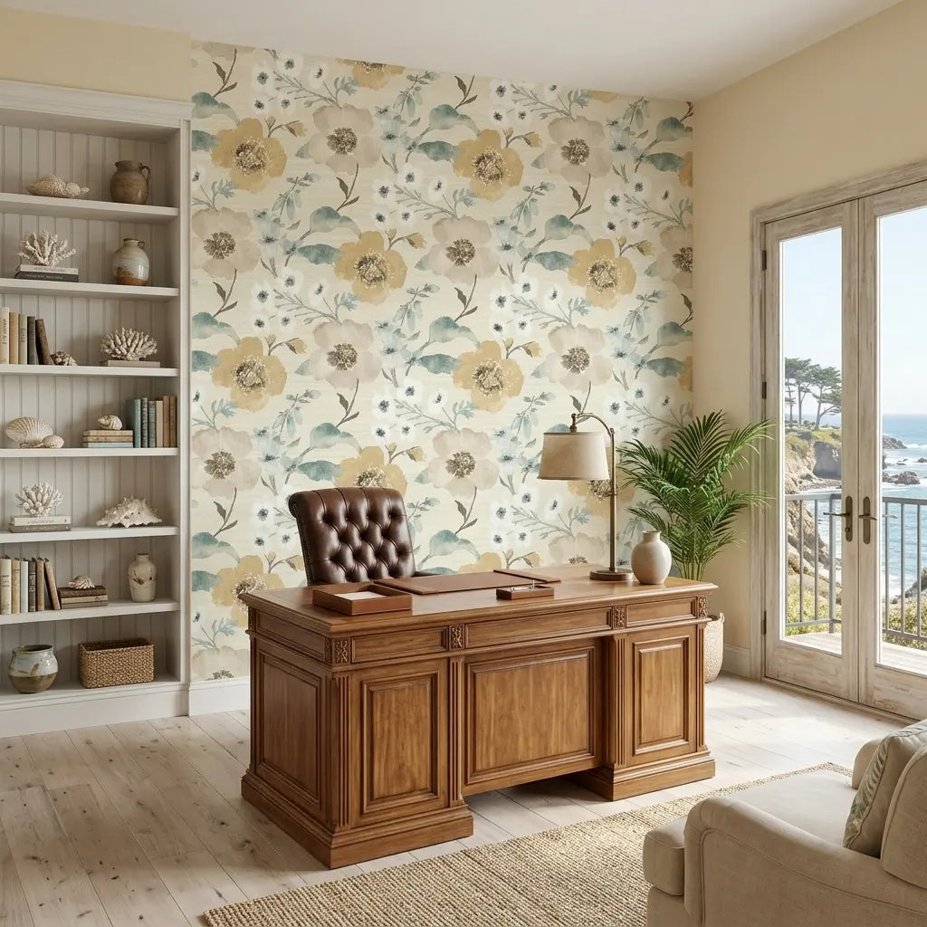 Home Office - Elegant space featuring Evelyn wallpaper in Gold, Taupe, Cream by York Wallcoverings, perfect for productivity.