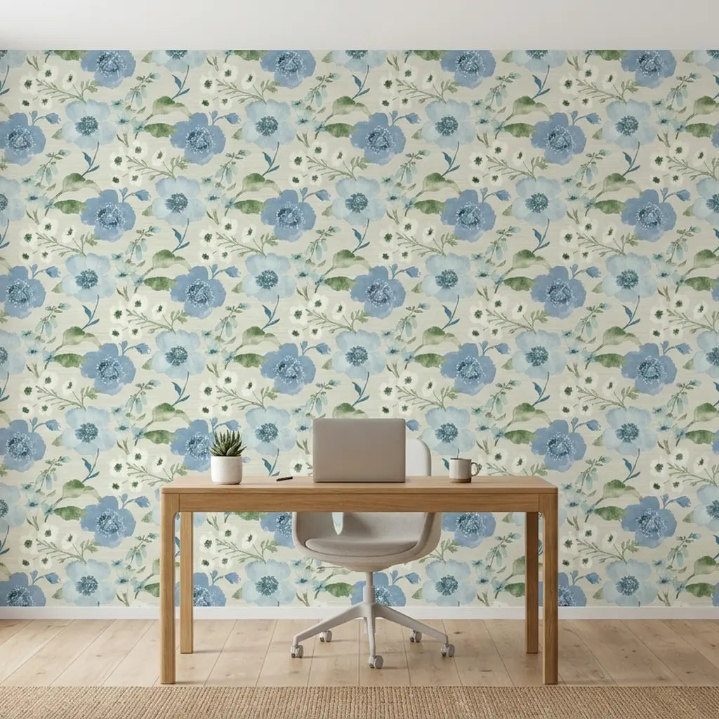 Home Office - Stylish workspace showcasing Evelyn wallpaper by York Wallcoverings in a beautiful blue, cream, and green floral pattern.