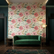 Living Room - Elegant living room with Evelyn wallpaper by York Wallcoverings in soft Pink, Cream, Green floral pattern.