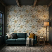 Living Room - Evelyn wallpaper in Gold, Taupe, Cream by York Wallcoverings creates an elegant and warm space.