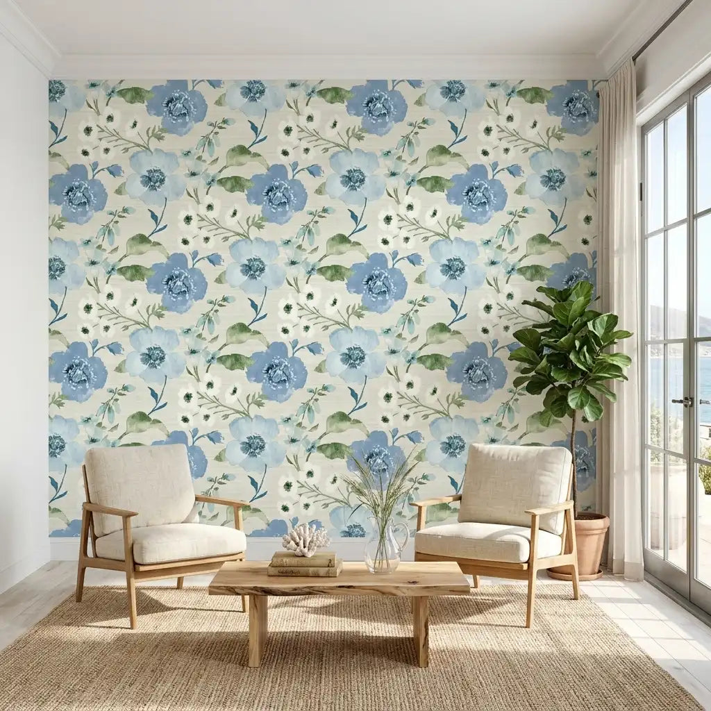Living Room - Beautifully decorated with Evelyn wallpaper in Blue, Cream, Green by York Wallcoverings.