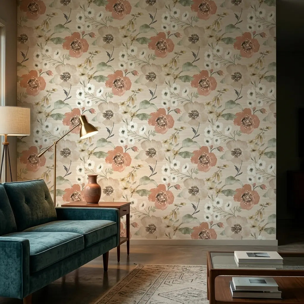 Living Room - Cozy space showcasing Evelyn wallpaper by York Wallcoverings, featuring a beautiful Rust, Taupe, and Cream pattern.