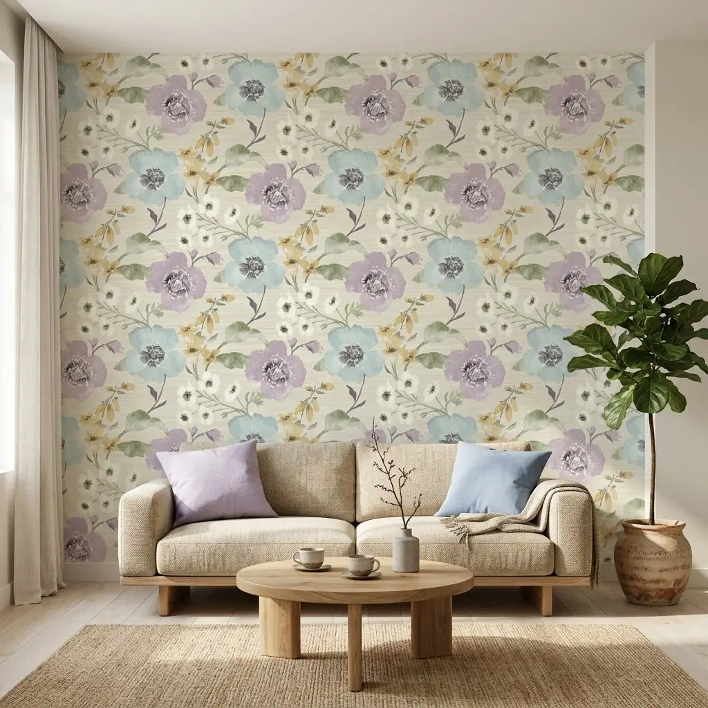 Living Room - Elegant Evelyn wallpaper by York Wallcoverings showcases beautiful lavender, blue, and cream floral patterns.