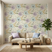 Living Room - Elegant Evelyn wallpaper by York Wallcoverings showcases beautiful lavender, blue, and cream floral patterns.