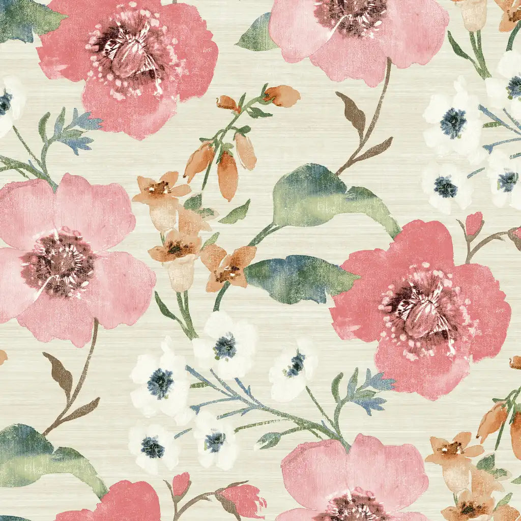 Evelyn wallpaper pattern swatch by York Wallcoverings features a delicate design in pink, cream, and green, SKU LL3200.