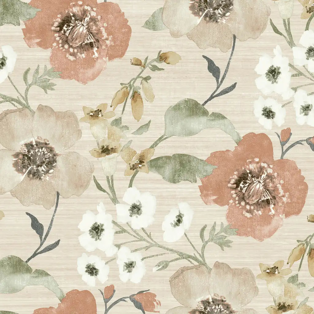 Evelyn wallpaper pattern swatch by York Wallcoverings, showcasing a design in rust, taupe, and cream tones.