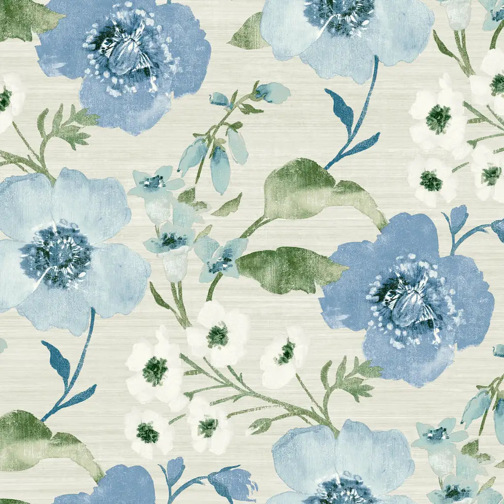 Evelyn wallpaper pattern swatch by York Wallcoverings (SKU LL3203) showcasing a delicate pattern in blue, cream, and green.
