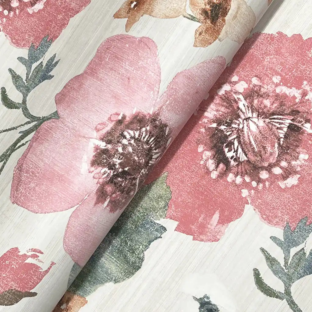 York Wallcoverings' Evelyn wallpaper: a close-up texture detail in pink, cream, and green hues.