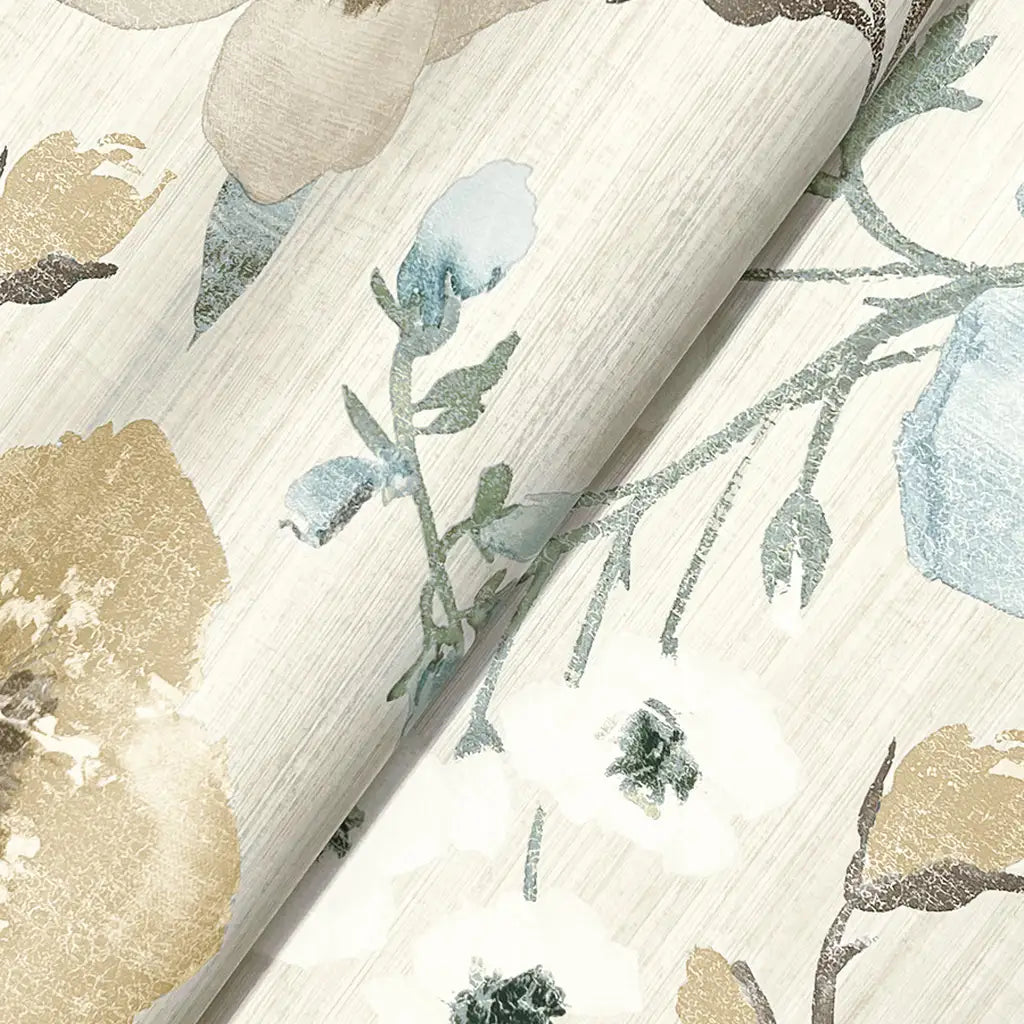 Intricate texture detail of Evelyn wallpaper in gold, taupe, and cream, from York Wallcoverings.