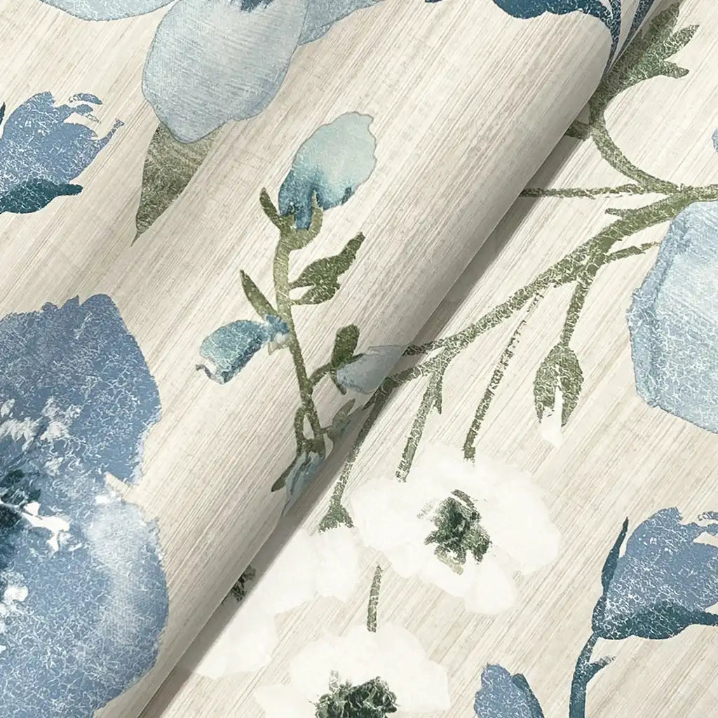 Close-up texture detail of Evelyn wallpaper by York Wallcoverings, featuring intricate patterns in Blue, Cream, and Green.