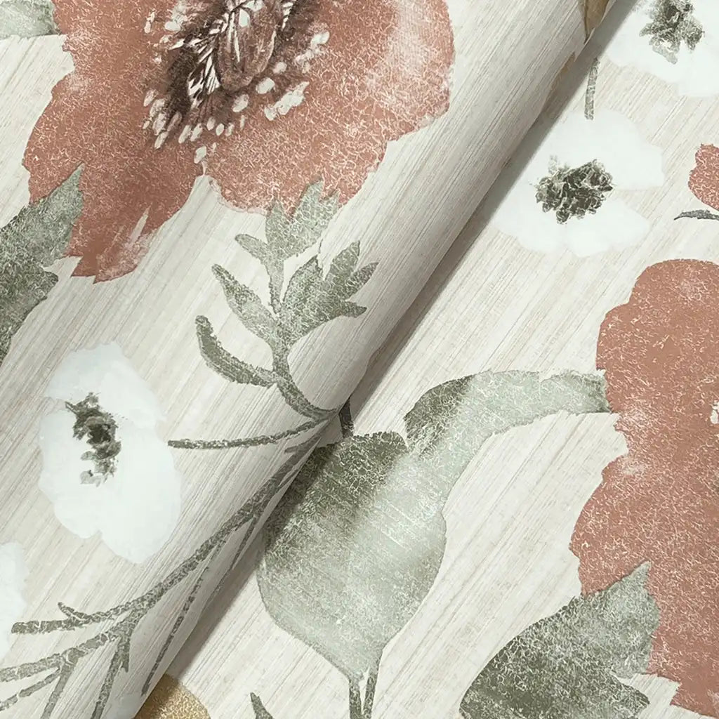 Close-up texture detail of Evelyn wallpaper by York Wallcoverings, showcasing Rust, Taupe, and Cream colors.