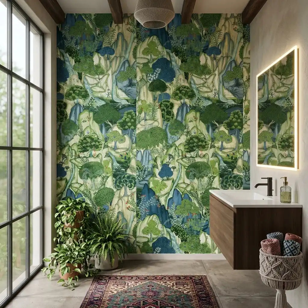 Bathroom - Elegant bathroom showcasing 'Falling Waters' wallpaper in green and blue by York Wallcoverings, creating a serene spa feel.