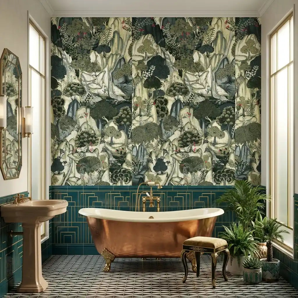 Bathroom - Modern bathroom with elegant 'Falling Waters' wallpaper in Charcoal and Beige by York Wallcoverings, creating a serene space.