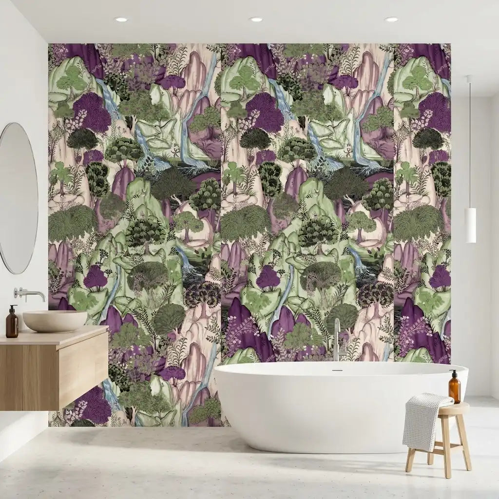 Bathroom - Featuring 'Falling Waters' wallpaper by York Wallcoverings in Sage Green and Plum, creating a serene oasis.