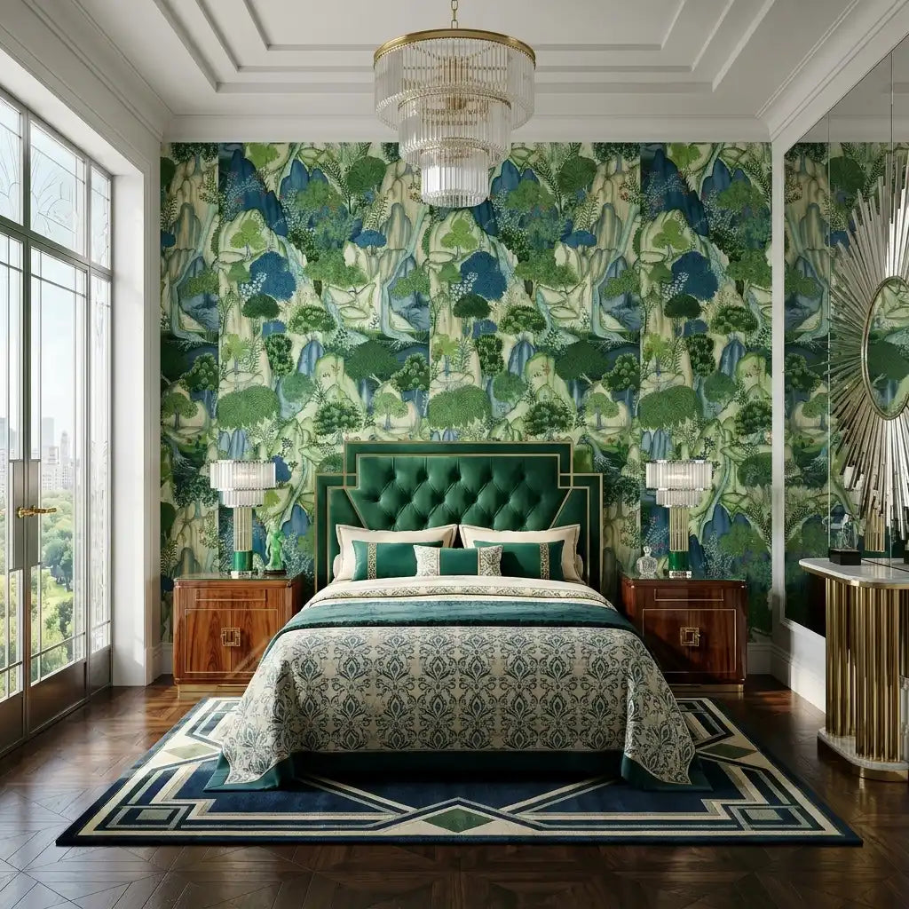 Bedroom - Stylish bedroom featuring 'Falling Waters' wallpaper in green and blue hues by York Wallcoverings, creating a serene space.
