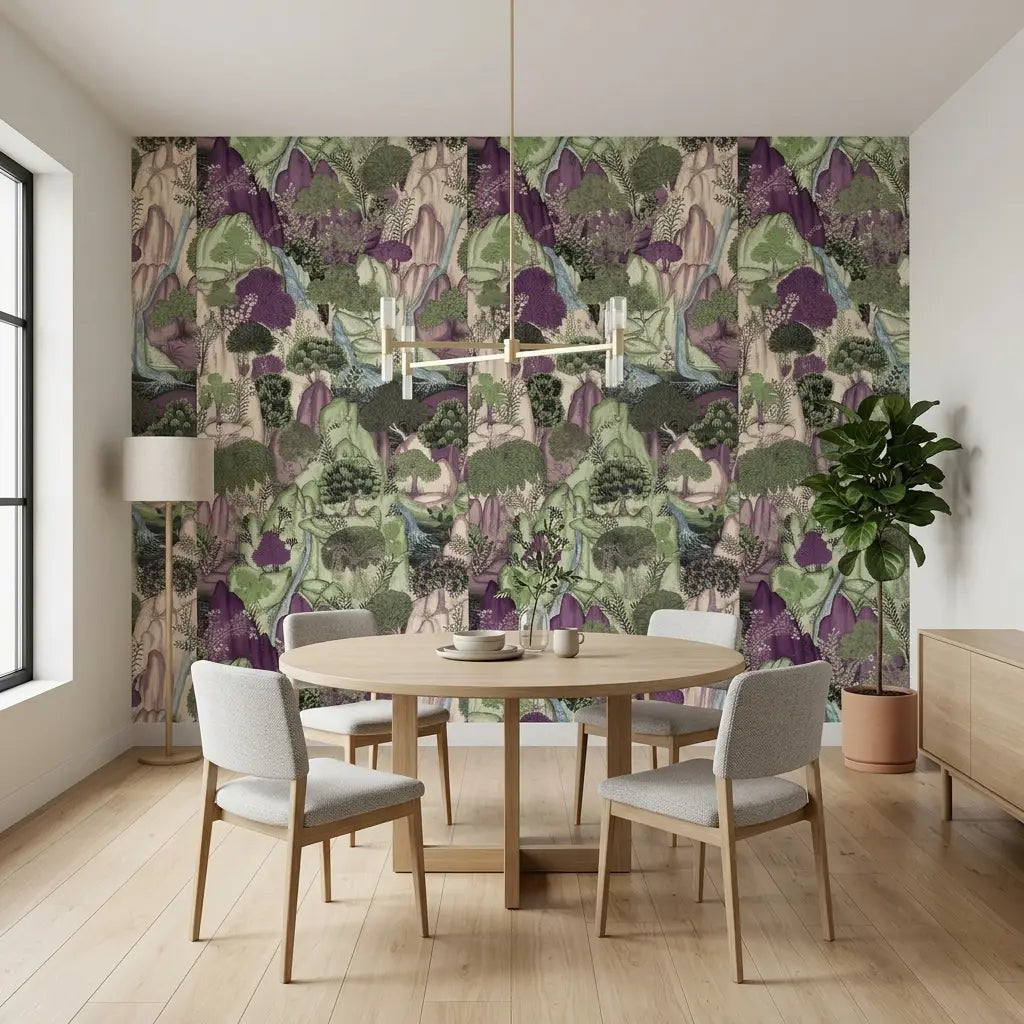 Dining Room - "Falling Waters" wallpaper by York Wallcoverings in Sage Green and Plum creates an elegant and serene space.