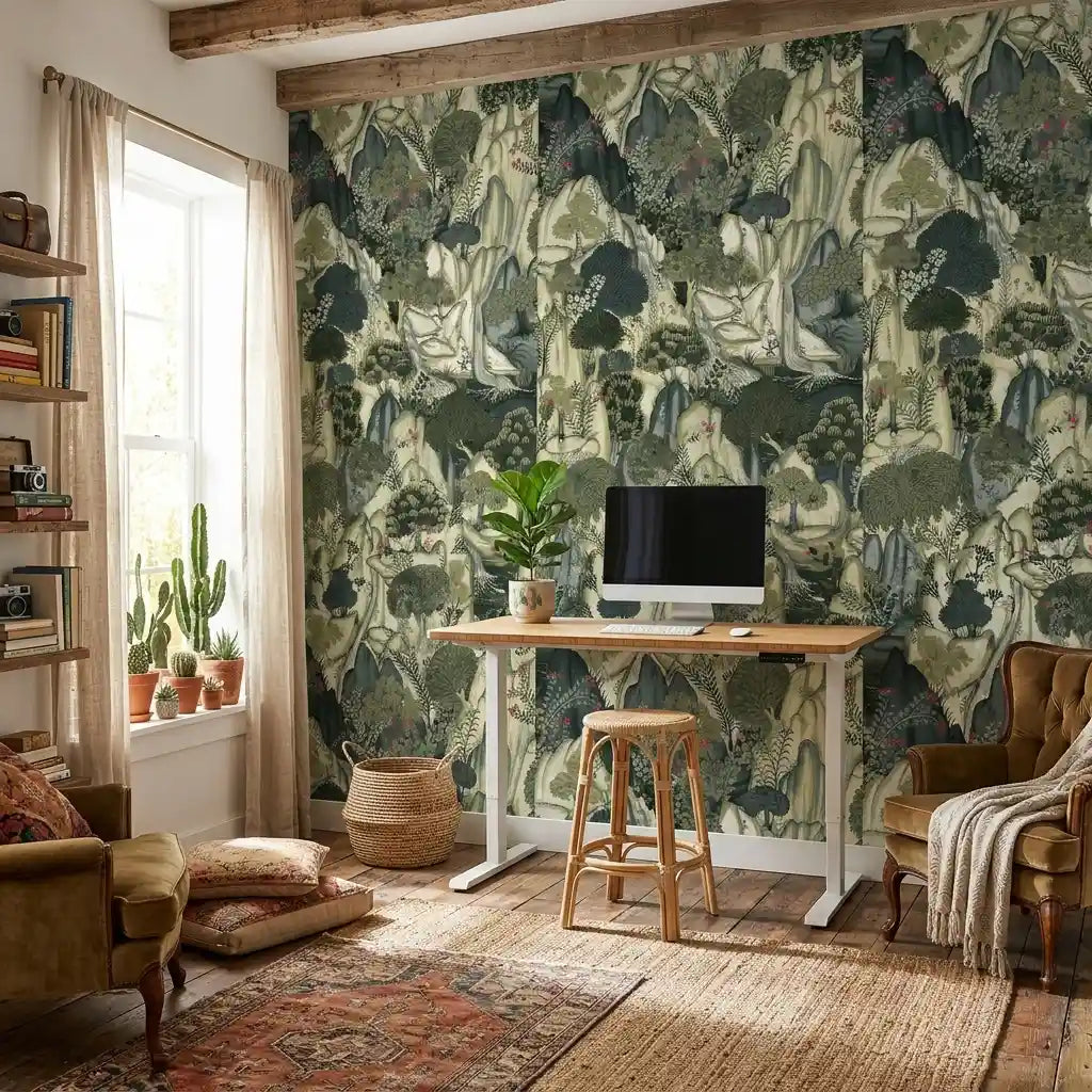 Home Office - Elegant workspace featuring "Falling Waters" wallpaper in Charcoal and Beige by York Wallcoverings for a sophisticated look.