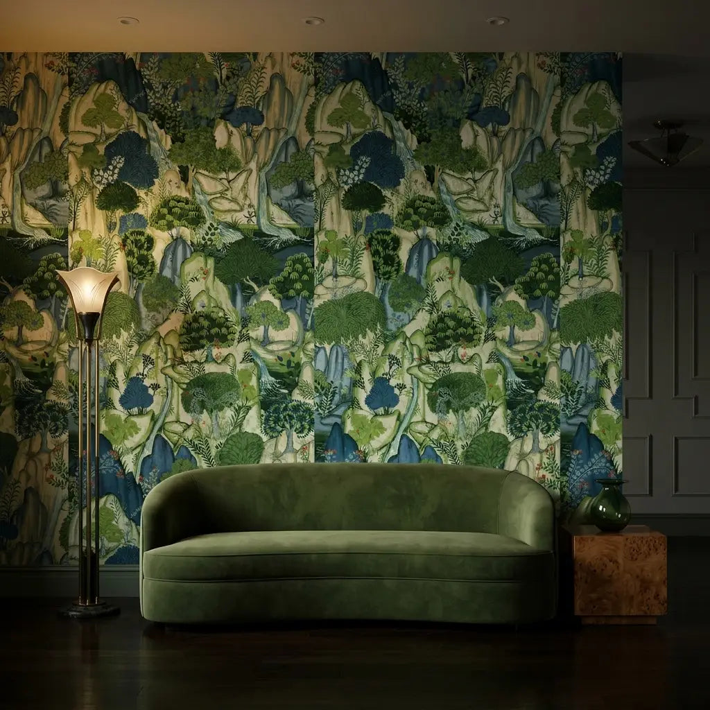 Living Room - York Wallcoverings' "Falling Waters" wallpaper in Green and Blue creates a serene, stylish space.