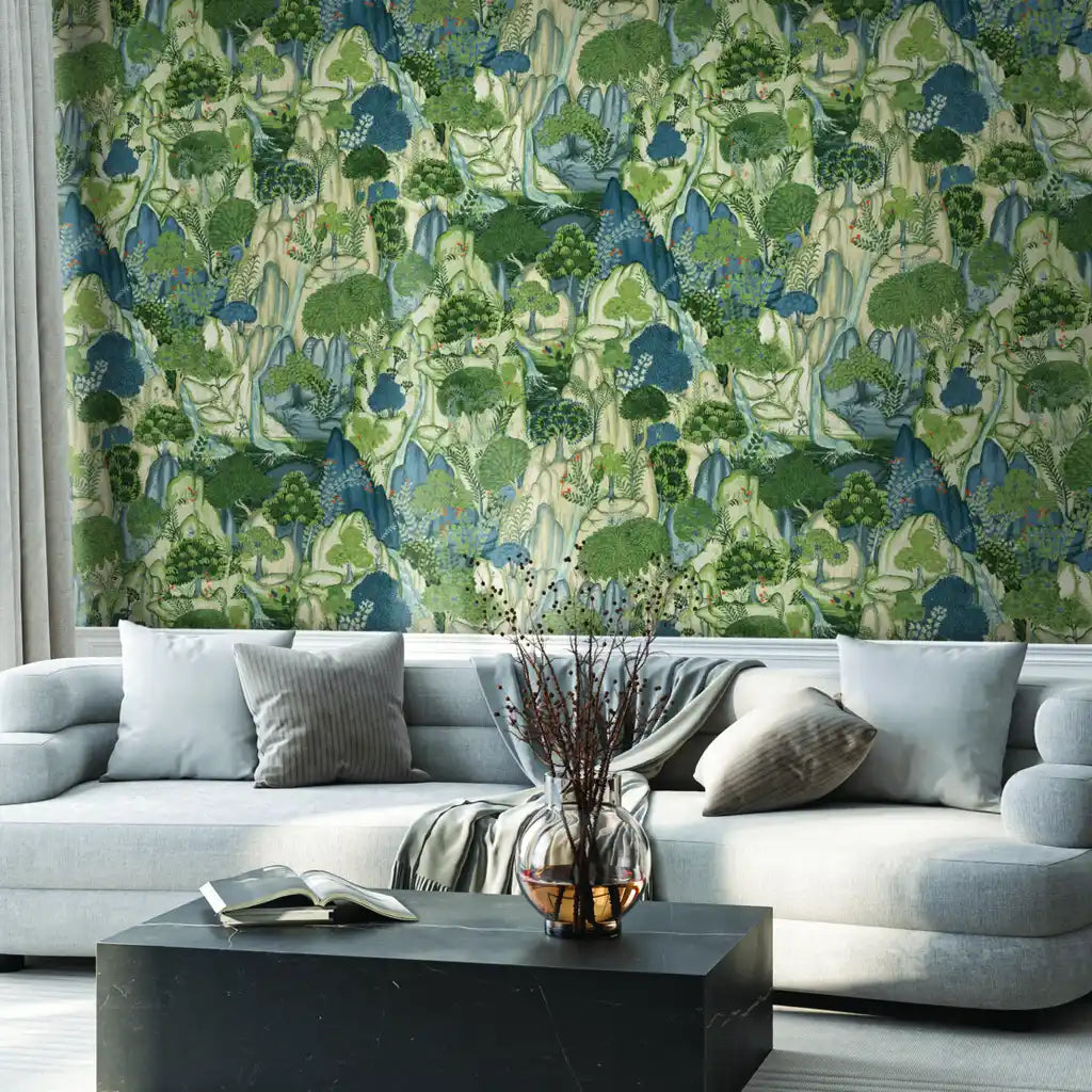 Living room showcasing "Falling Waters" wallpaper in green and blue, a stunning design by York Wallcoverings.