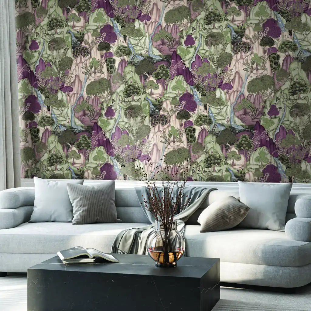 Modern living room showcasing elegant 'Falling Waters' wallpaper in Sage Green and Plum by York Wallcoverings.