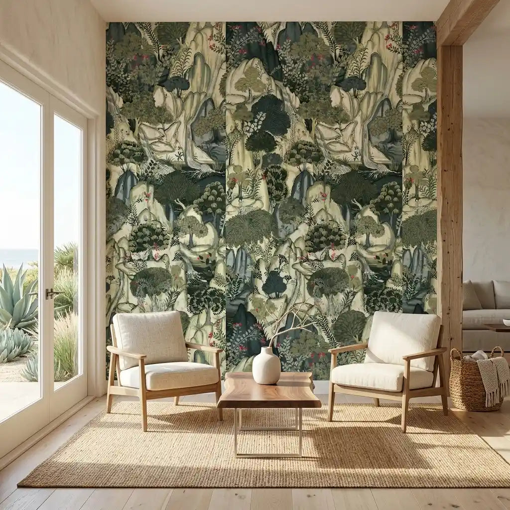 Living Room - Stylish living room with a feature wall of York Wallcoverings' 'Falling Waters' wallpaper in Charcoal and Beige.