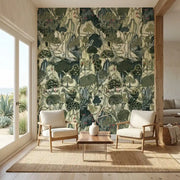 Living Room - Stylish living room with a feature wall of York Wallcoverings' 'Falling Waters' wallpaper in Charcoal and Beige.