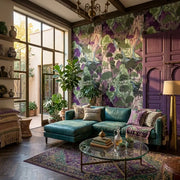 Living Room - Elegant living room featuring "Falling Waters" wallpaper in Sage Green and Plum by York Wallcoverings.