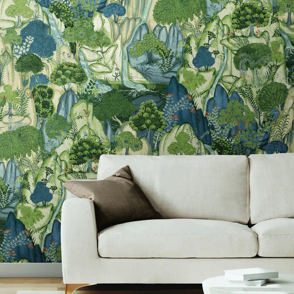 Living room showcasing "Falling Waters" wallpaper in Green and Blue by York Wallcoverings, creating a serene modern space.