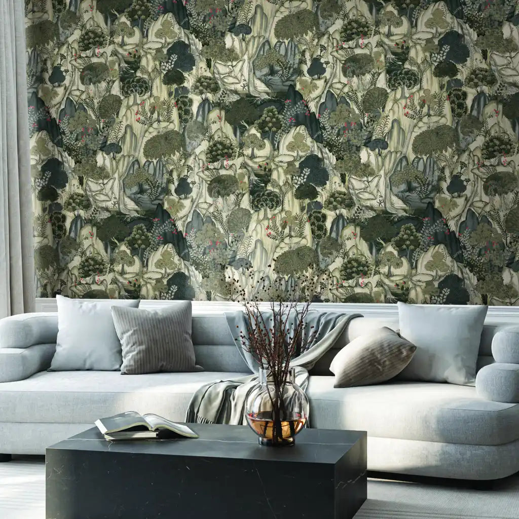 Modern living room featuring elegant "Falling Waters" wallpaper in Charcoal and Beige from York Wallcoverings.