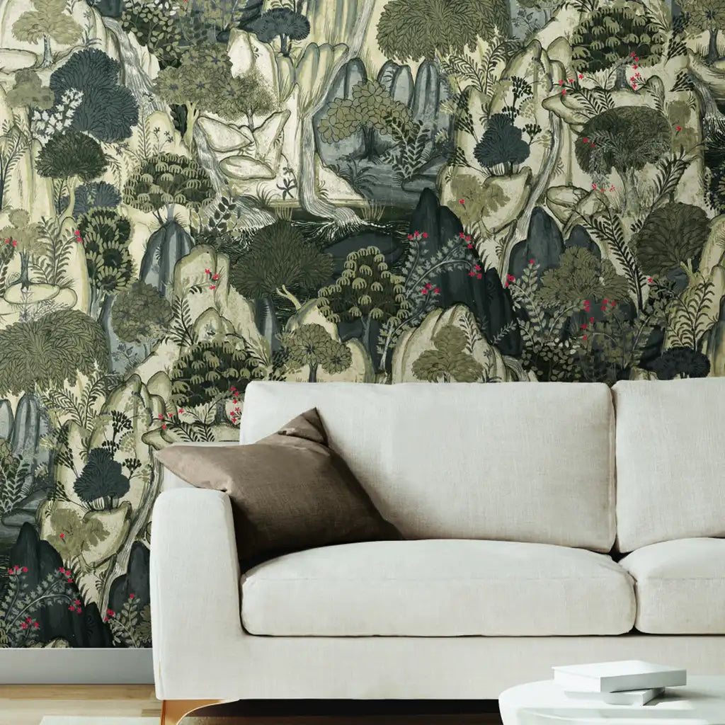 Modern living room features stunning Falling Waters wallpaper in Charcoal and Beige by York Wallcoverings, adding serene elegance.