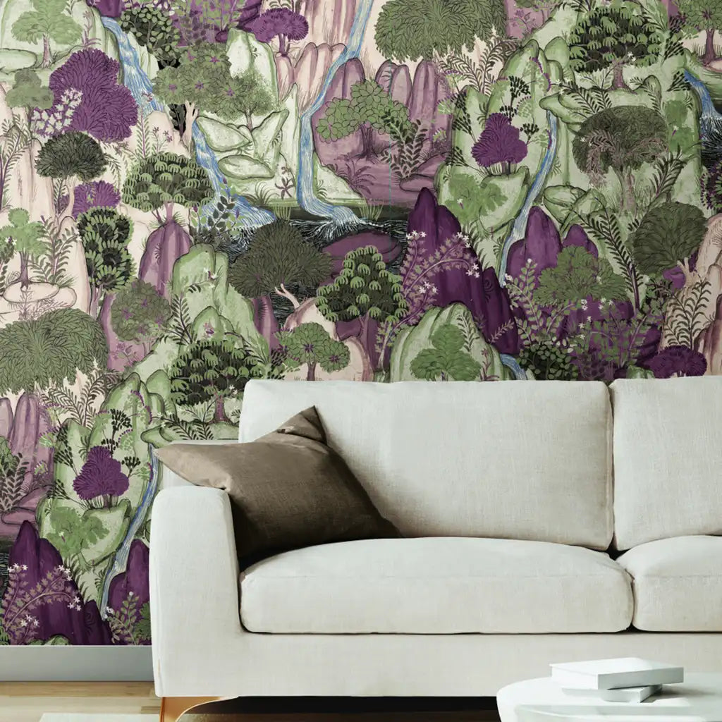 Living room showcasing "Falling Waters" wallpaper in Sage Green and Plum by York Wallcoverings.