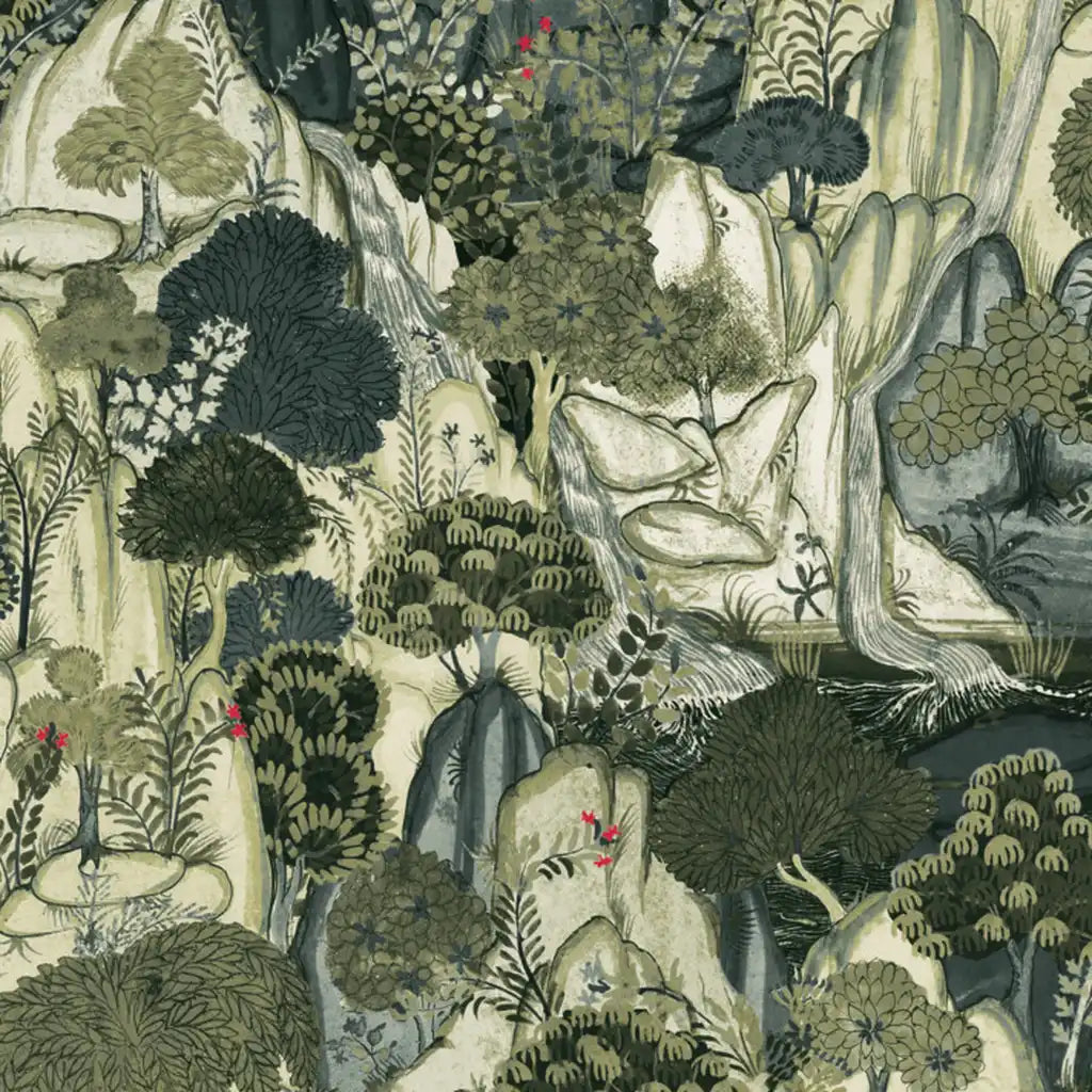 York Wallcoverings 'Falling Waters' wallpaper pattern swatch in Charcoal and Beige.