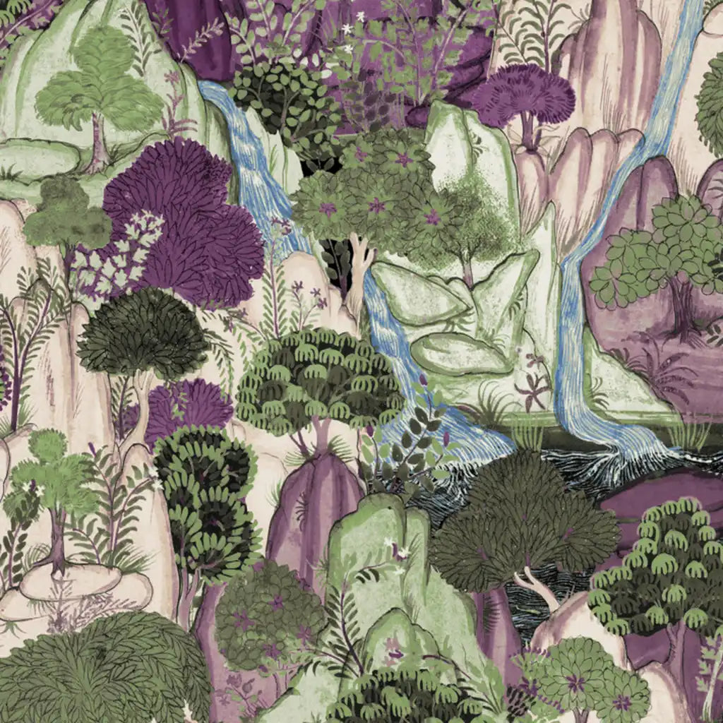 York Wallcoverings 'Falling Waters' wallpaper pattern swatch (VR1556) in Sage Green and Plum.