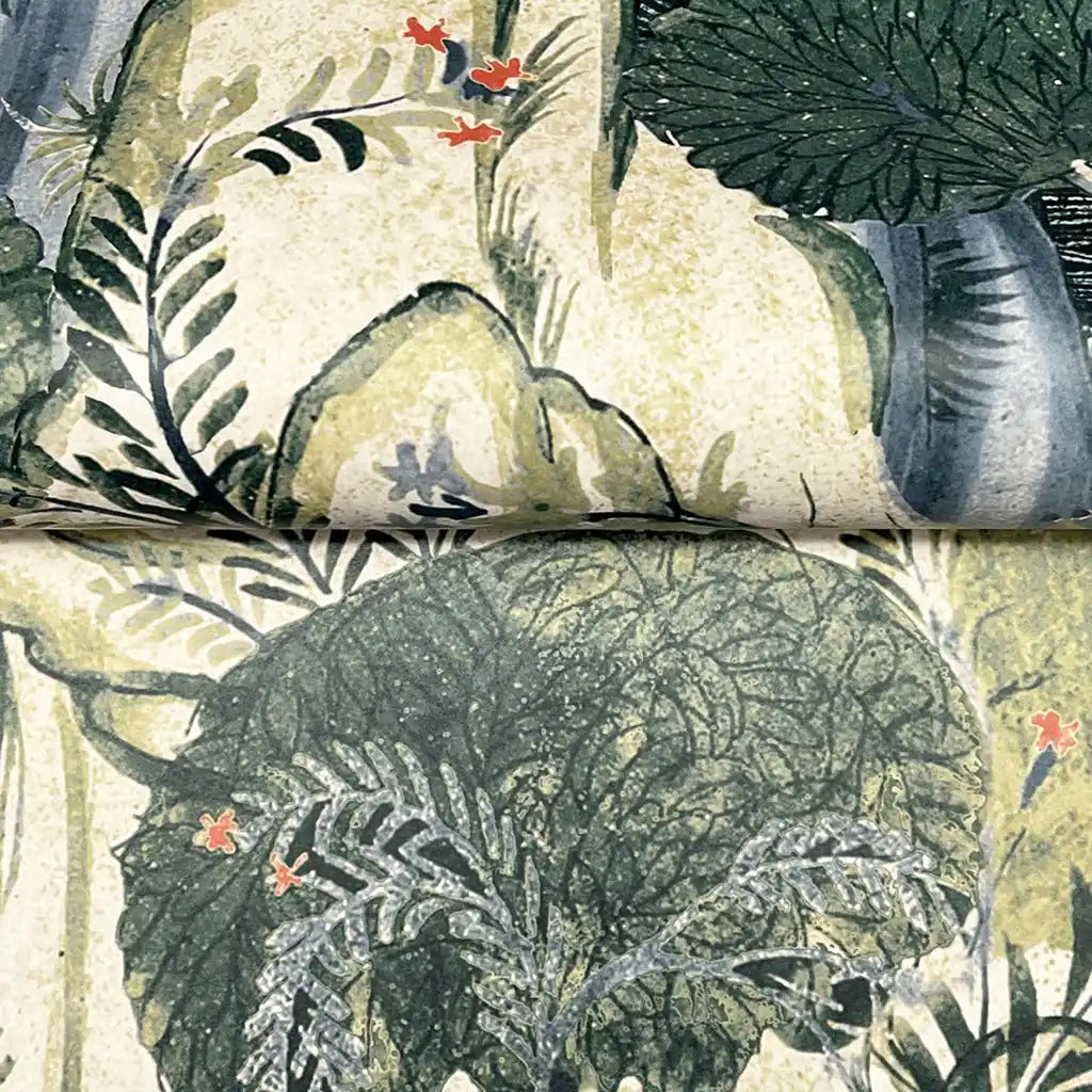 Close-up texture detail of York Wallcoverings' Falling Waters wallpaper showcasing intricate green and blue patterns.