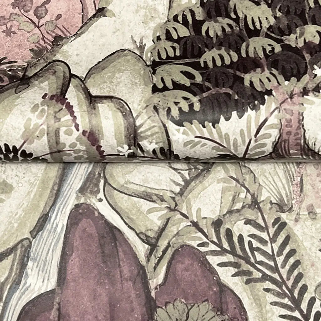 Close-up texture detail of York Wallcoverings' Falling Waters wallpaper in Sage Green and Plum.